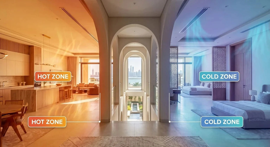 Diagram of hot and cold zones across a Dubai villa's rooms, illustrating room-to-room temperature differentials used to diagnose a failing AC compressor